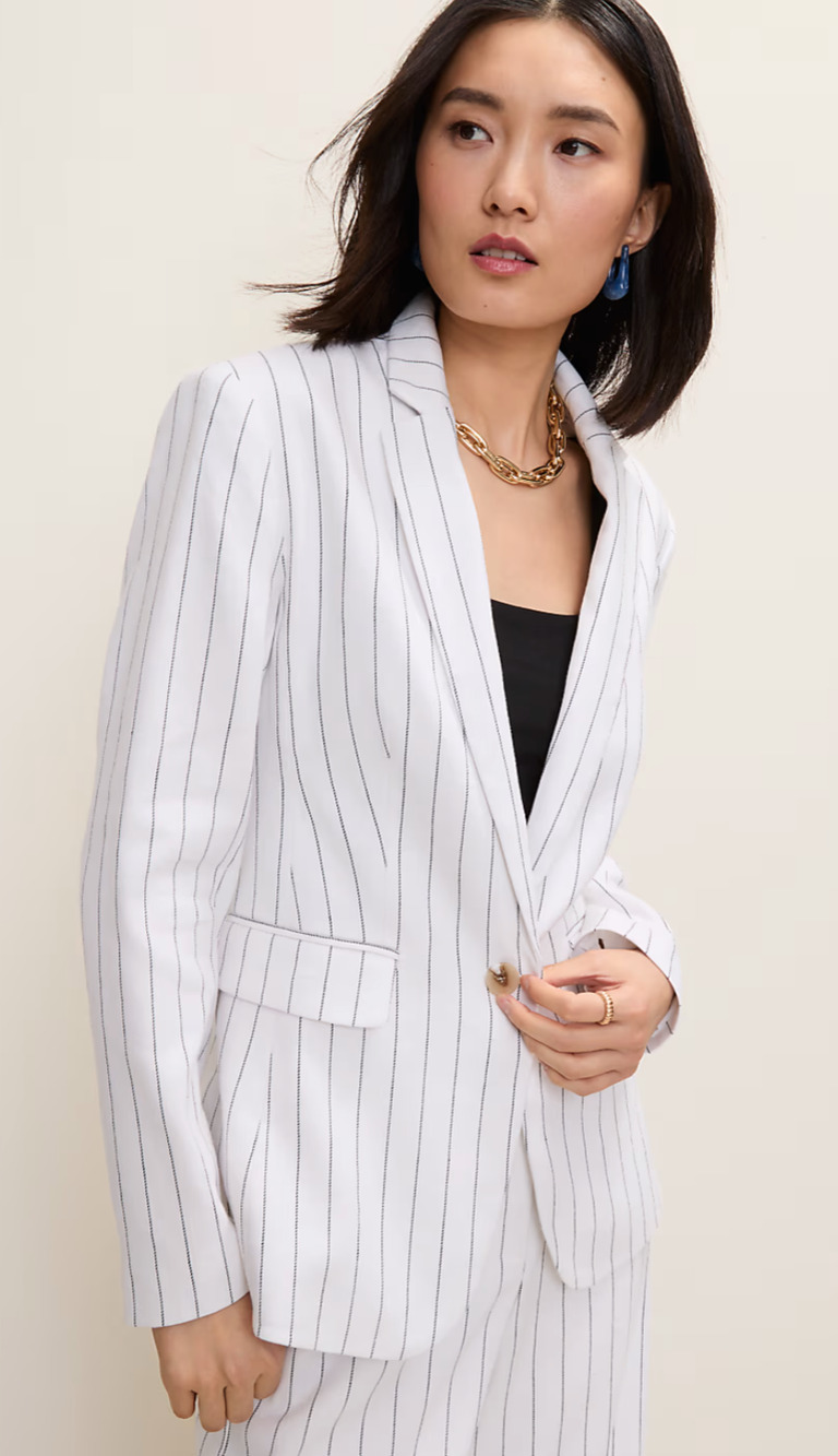 ANN TAYLOR PINSTRIPE LONG ONE BUTTON LINEN BLEND BLAZER JACKET WHITE BLACK 8 NWT